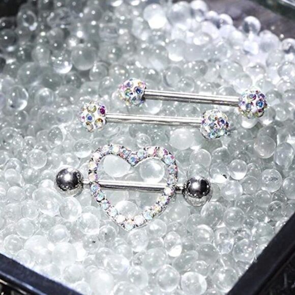 14G 316L Silver and CZ Nipple Rings - Set of 2 - Picture 6 of 7